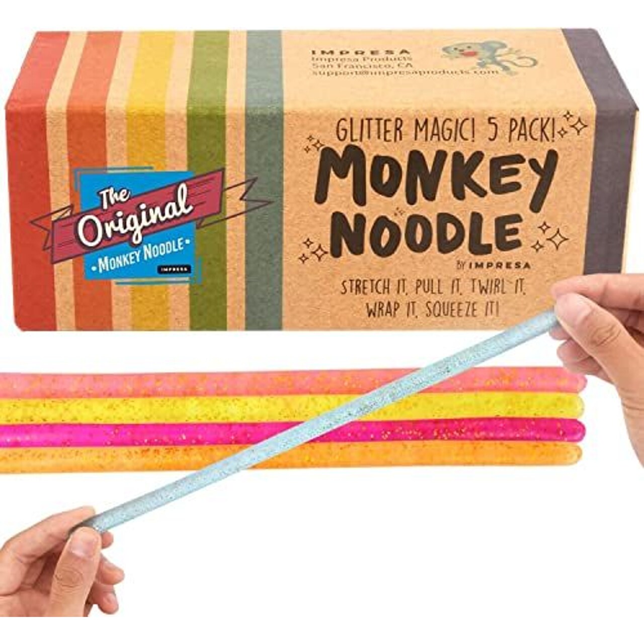 IMPRESA Glitter Sensory Noodle Strands - Monkey Noodle Fidget for Stress Relief & Focus - Sparkly Stretchy Strings & Latex-Free Sensory Balls - Medium, Multicolor, 5-Pack, Glitter Magic